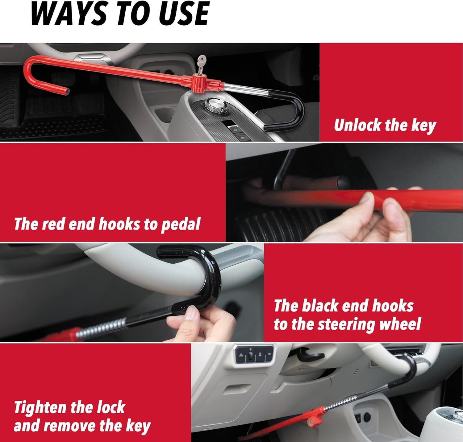 CARTMAN Steering Wheel Brake Lock Vehicle Anti Theft Security Brake Pedal Lock with Adjustable Length Fit for Distance from Steering Wheel to Pedal Within 21in to 30in Red - Image 4